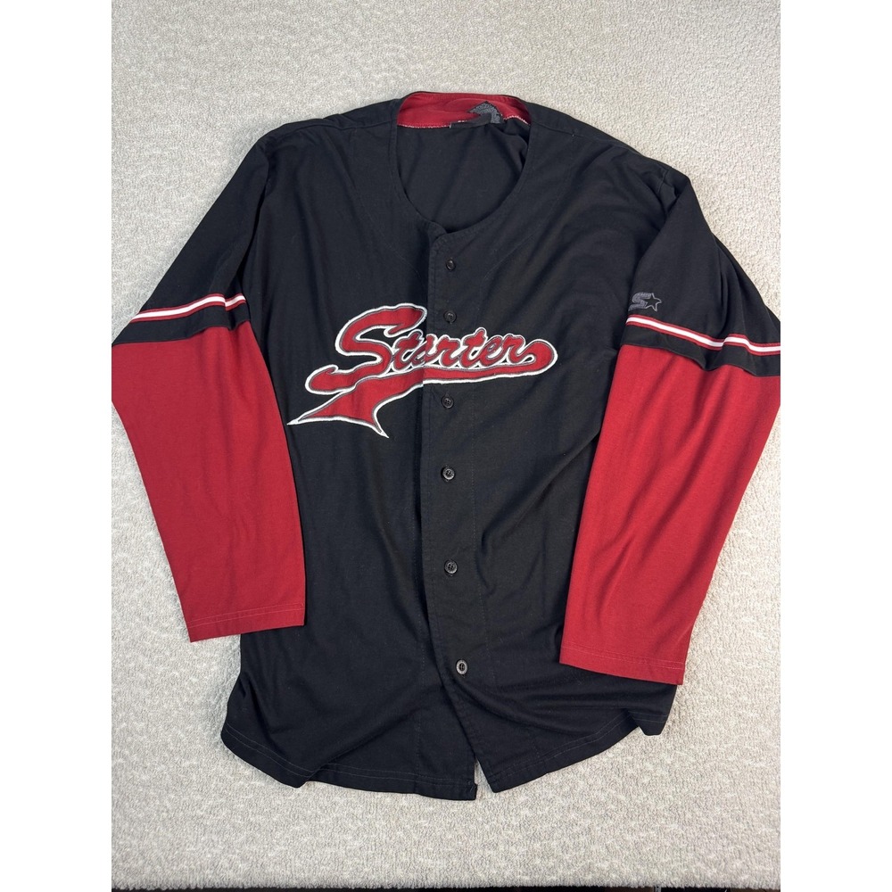 Starter Shirt Mens Large Black Red Long Sleeve Button Front Baseball Jersey